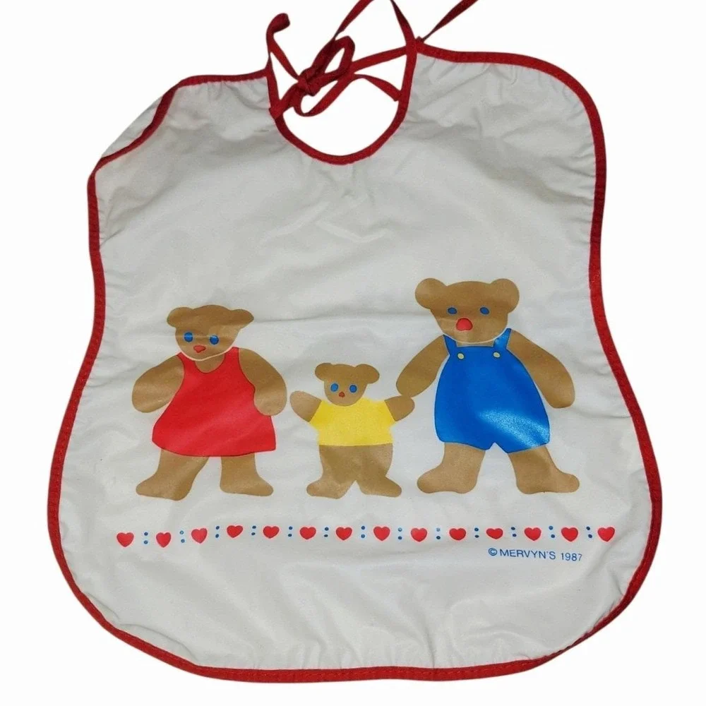 Vintage 1987 Mervyn's Teddy Bear Baby Feeding Set Plate Bowl Cup Bib Spoon
